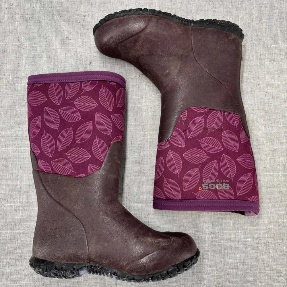Bogs Kids Rain Boots Purple Leaf Print Burgundy Waterproof Insulated Size 12